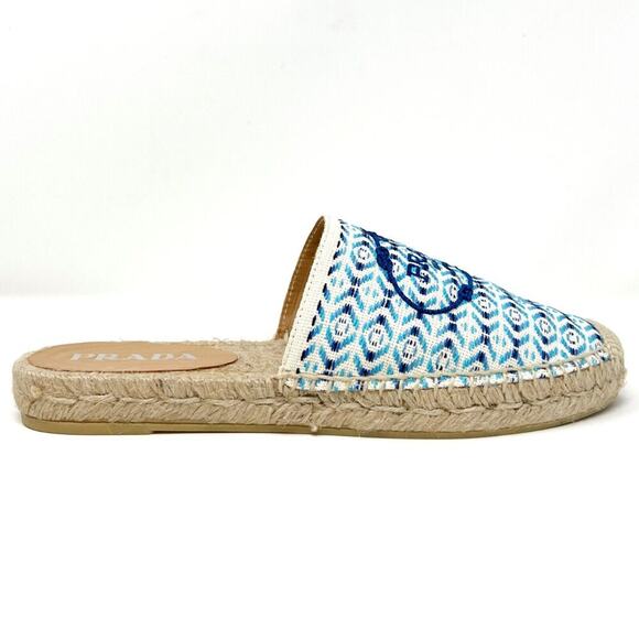 Prada Blue Embroidered Logo Pattern Espadrille Slides Size 38 - Picture 5 of 10